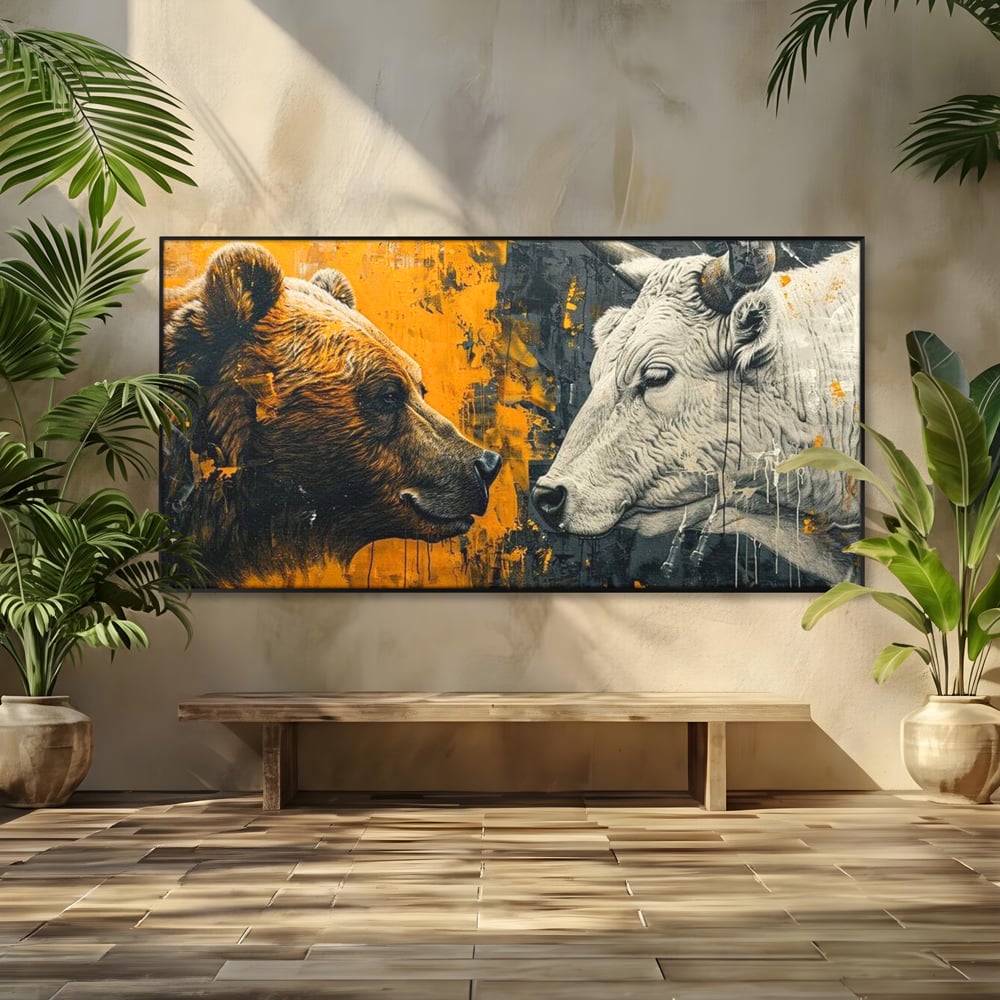 Tablou canvas cu tablou canvas cu urs si taur, in rama de aluminiu negru